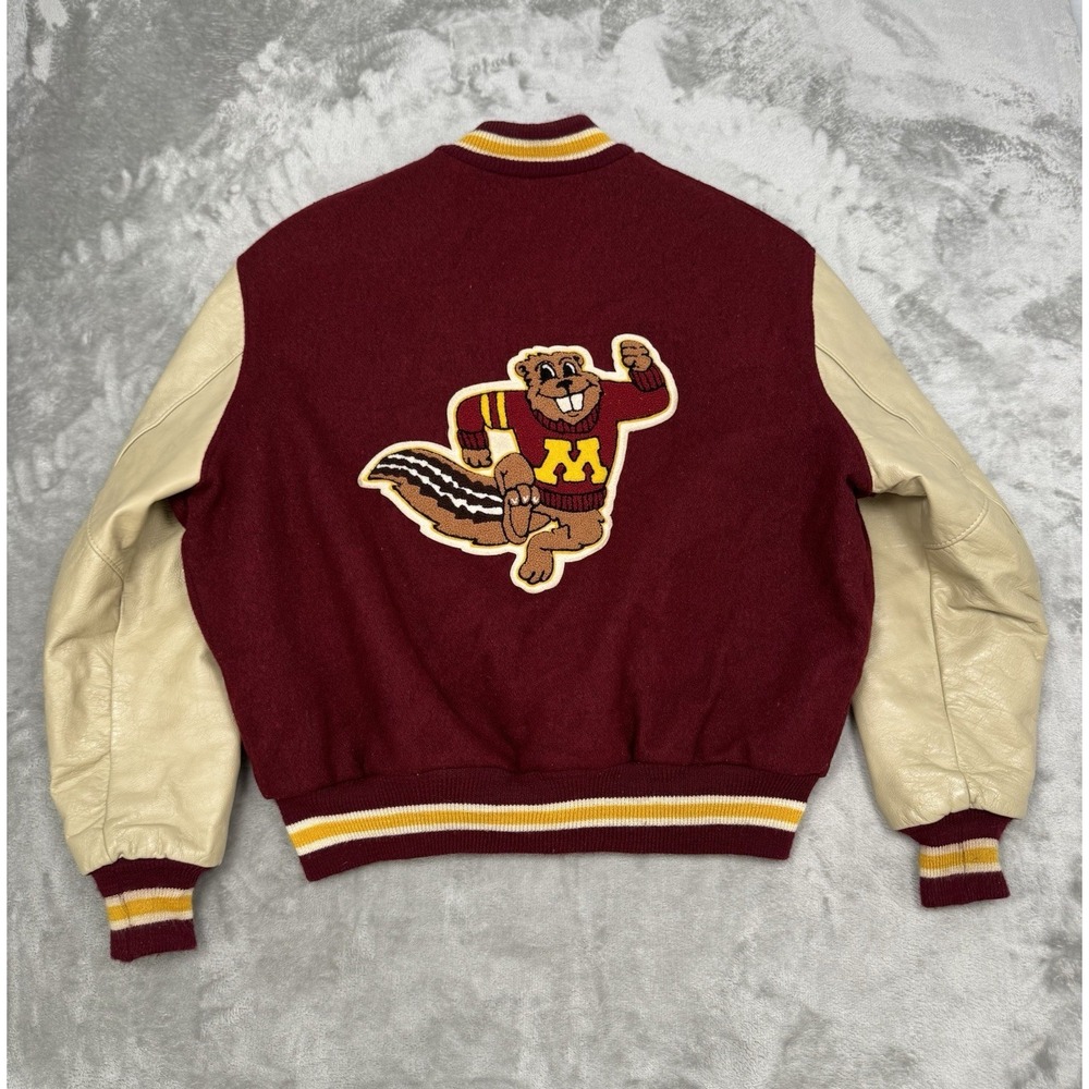 Vintage Minnesota Gophers Varsity Bomber Jacket 2XL Delong Wool Leather 90s Y2K